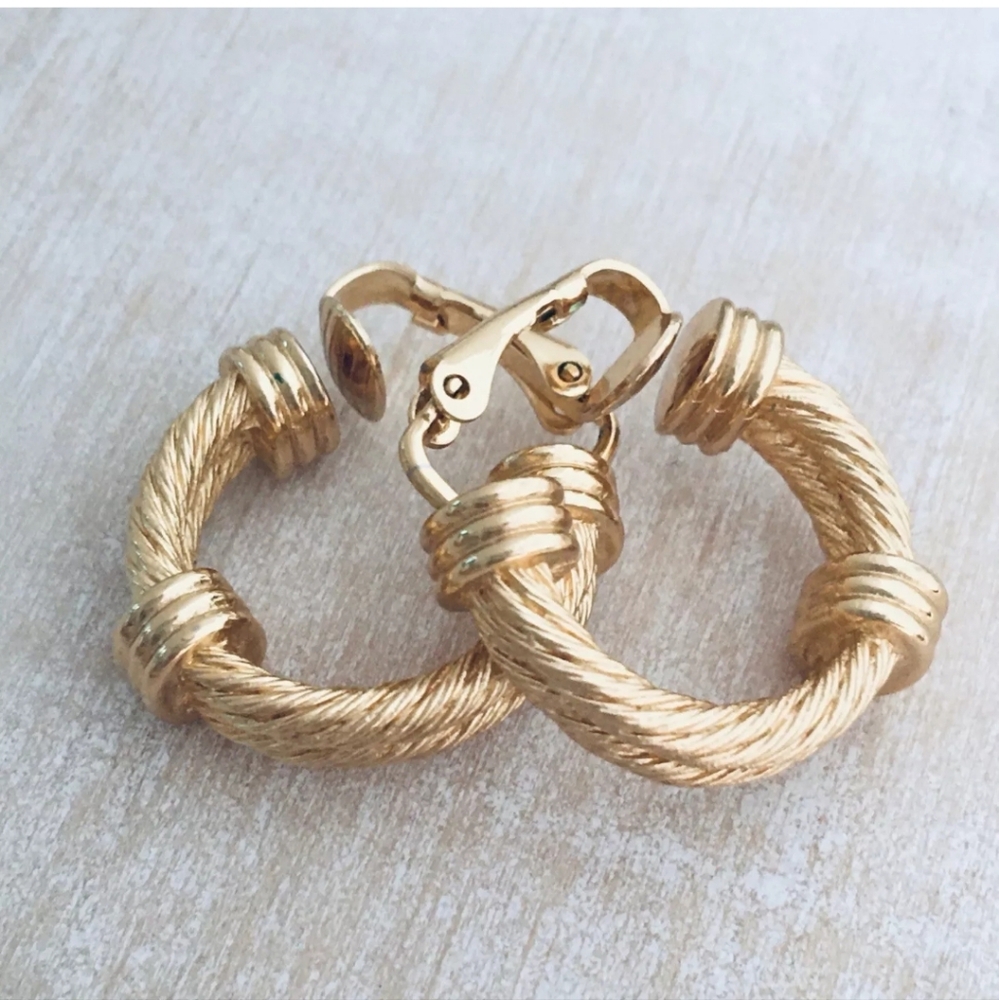 CHRISTIAN DIOR Hoop Earrings Twisted Mesh Rope Gold  Clip On